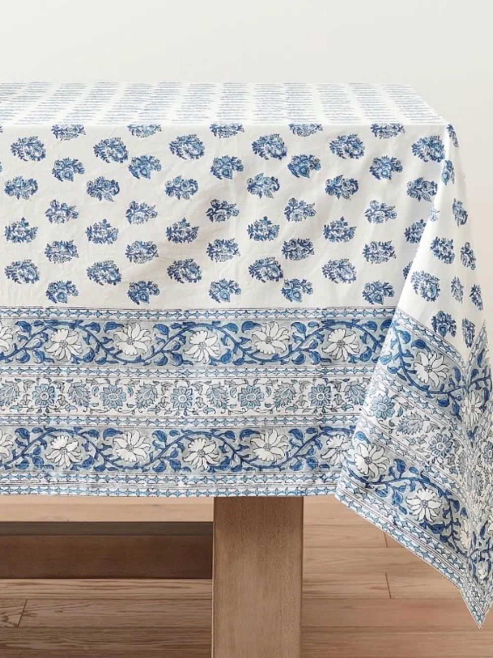 Pottery Barn EUC Block Print Tablecloth Sophia70X108 InchesBlue Multi